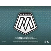 
              Cover for the 2024 Mosaic Football trading card series. The Mosaic logo, a stylized 'M' within a shield, is prominently displayed against a textured green mosaic background. Text below reads '2024 Mosaic Football - NFL Trading Cards - No Huddle.' Additional branding from Panini America and NFL logos is visible. The design conveys the premium and dynamic nature of the Mosaic series
            