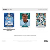 
              Three examples of 2024 Mosaic Football No Huddle trading cards. From left to right: Rookie Autographs Mosaic No Huddle Blue, featuring a rookie's signature and a blue mosaic background; Mosaic Parallel, showcasing a player portrait with the signature mosaic pattern; and Stained Glass, with an intricate and vibrant mosaic design. The text emphasizes the colorful and collectible parallels featured in the Mosaic series
            