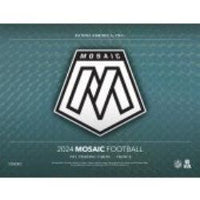 
              Cover for the 2024 Mosaic Football trading card series in the Choice configuration. The Mosaic logo, a stylized 'M' within a shield, is prominently displayed against a textured green mosaic background. Text below reads '2024 Mosaic Football - NFL Trading Cards - Choice.' Additional branding from Panini America and NFL logos is visible, conveying the premium and exclusive nature of this collection
            