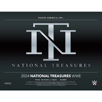 
              Cover for the 2024 National Treasures WWE trading card series. The design features a metallic silver 'NT' logo against a sleek dark green background. Text below reads '2024 National Treasures WWE - WWE Trading Cards - Hobby.' Panini America and WWE logos highlight the premium branding and partnership for this collection
            