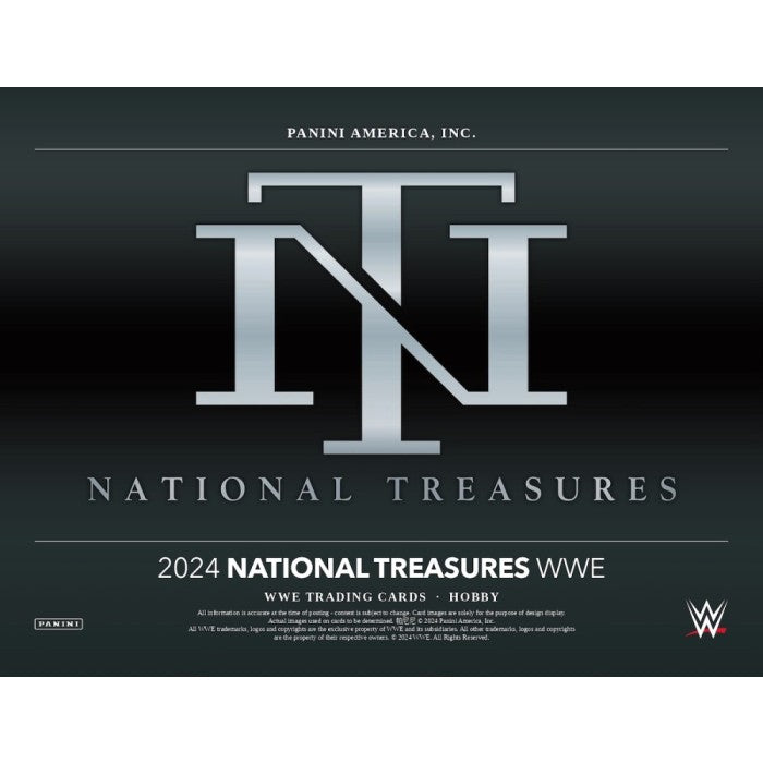 Cover for the 2024 National Treasures WWE trading card series. The design features a metallic silver 'NT' logo against a sleek dark green background. Text below reads '2024 National Treasures WWE - WWE Trading Cards - Hobby.' Panini America and WWE logos highlight the premium branding and partnership for this collection