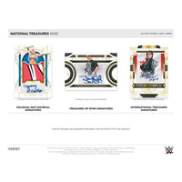 
              Additional cards from the 2024 National Treasures WWE collection. From left to right: Colossal Mat Material Signatures, featuring Tiffany Stratton with a large memorabilia patch and autograph; Treasures of WWE Signatures, showcasing Stone Cold Steve Austin’s autograph; and International Treasures Signatures, featuring Hit Man Hart with an autograph. Text below emphasizes autographs and memorabilia cards featuring WWE's top stars
            