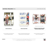 
              Three card examples from the 2024 National Treasures WWE collection. From left to right: Retro Materials, featuring Shawn Michaels with an autograph and memorabilia patch; Triple Signatures, showcasing signatures of three WWE legends on a single card; and Superstar Signature Jumbo Material Booklet Gold, a two-panel card with a large memorabilia swatch and autograph. Text below highlights the inclusion of memorabilia cards, dual and triple autographs, and jumbo booklets featuring WWE's top superstars
            