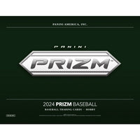 
              Cover for the 2024 Panini Prizm Baseball trading card hobby box. The central logo features the Panini Prizm branding in metallic silver against a dark green background. Additional text reads '2024 Prizm Baseball - Baseball Trading Cards - Hobby.' Branding elements from Panini America emphasize the premium quality of this trading card series
            