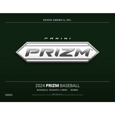 Cover for the 2024 Panini Prizm Baseball trading card hobby box. The central logo features the Panini Prizm branding in metallic silver against a dark green background. Additional text reads '2024 Prizm Baseball - Baseball Trading Cards - Hobby.' Branding elements from Panini America emphasize the premium quality of this trading card series