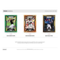 
              Base parallels from the 2024 Panini Prizm Baseball collection. From left to right: Base Green Scope, with a green mosaic design featuring Paul Skenes; Base Orange Wave, showcasing an orange parallel with Willie Mays; and Base Gold Vinyl, highlighting a sleek gold-bordered design featuring Evan Carter. The text below celebrates the 300-card base set featuring prospects, rookies, and legends with stunning parallels
            