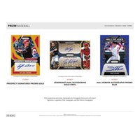 
              Autograph-focused cards from the 2024 Panini Prizm Baseball set. From left to right: Prospect Signatures Prizms Gold, featuring a gold-bordered card with an autograph by Dylan Crews; Legendary Dual Autographs Gold Vinyl, showcasing autographs of baseball legends Mike Piazza and Ivan Rodriguez on a gold and black card; and Hall Heroes Autographs Prizms Blue, presenting a blue parallel card with Jim Thome’s signature. Text emphasizes the stunning autographs available in the set
            