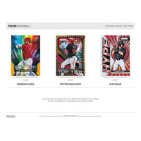 
              Three featured inserts from the 2024 Panini Prizm Baseball collection. From left to right: Prizmatic Gold, showcasing a vibrant rainbow pattern featuring Nolan Schanuel; Top Tier Gold Vinyl, with a sleek gold and black design featuring James Wood; and Hype Mojo, displaying a striking red and silver pattern with Tommy Troy. The text below highlights the inclusion of the game's best future stars in eye-catching insert designs and parallels
            