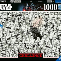 Ravensburger Star Wars 1000-piece Challenge puzzle box featuring an intricate illustration of Darth Vader surrounded by a crowd of stormtroopers. The puzzle emphasizes a black-and-white design with Vader's red lightsaber standing out. The box includes the 'Premium Puzzle Softclick Technology' logo, ensuring quality and precision assembly. A challenging and collectible puzzle for Star Wars fans