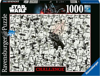 Ravensburger Star Wars 1000-piece Challenge puzzle box featuring an intricate illustration of Darth Vader surrounded by a crowd of stormtroopers. The puzzle emphasizes a black-and-white design with Vader's red lightsaber standing out. The box includes the 'Premium Puzzle Softclick Technology' logo, ensuring quality and precision assembly. A challenging and collectible puzzle for Star Wars fans