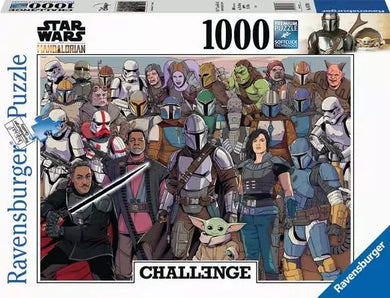 Box cover for the Ravensburger Star Wars: The Mandalorian Challenge 1000-piece jigsaw puzzle. The packaging features an illustration of iconic characters from The Mandalorian, such as Din Djarin, Grogu, Cara Dune, and Moff Gideon, alongside stormtroopers, Mandalorians, and aliens. Includes the 'Premium Puzzle' logo highlighting Ravensburger's Softclick Technology for precision and quality