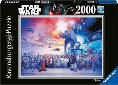 Ravensburger Star Wars Universe 2000-piece puzzle box featuring a vibrant illustration of iconic Star Wars characters, vehicles, and scenes. The artwork includes Darth Vader, Luke Skywalker, Princess Leia, Yoda, and others, alongside the Millennium Falcon, AT-AT walkers, TIE Fighters, and the Death Star, with a colorful backdrop of fireworks and outer space. The box highlights Ravensburger's Premium Puzzle Softclick Technology for quality assembly, making it a must-have for Star Wars fans and puzzle enthusi