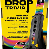 Back of the box for Trivial Pursuit: Drop Trivia board game. The description challenges players to 'figure out the correct order,' with examples like sorting movies by release date or foods by invention. The image shows the drop tower, colorful pucks, and trivia cards with topics such as 'Number of teeth' and 'Zodiac signs.' Suitable for players aged 13 and up, the game emphasizes strategy and fun team play