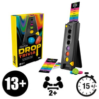 
              Box and components of Trivial Pursuit: Drop Trivia board game. The game features a vertical drop tower with colorful discs and trivia cards. The packaging highlights the tagline 'You have all the answers. Just drop them in order,' and the game is designed for players aged 13 and up, supporting 2+ players in 15-minute rounds
            