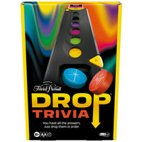 
              Front box cover for Trivial Pursuit: Drop Trivia board game. The design features a colorful vertical drop tower with brightly colored pucks and the tagline 'You have all the answers. Just drop them in order.' The game is recommended for ages 13+, supports 2+ players, and has a playtime of approximately 15 minutes
            